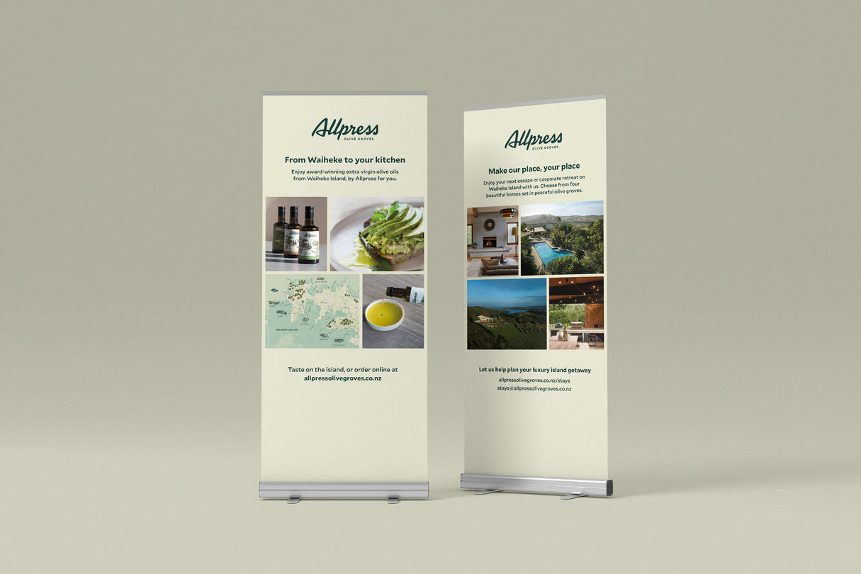 allpress olive groves pull-up banners designed by sarah callesen at dossier brand design studio auckland