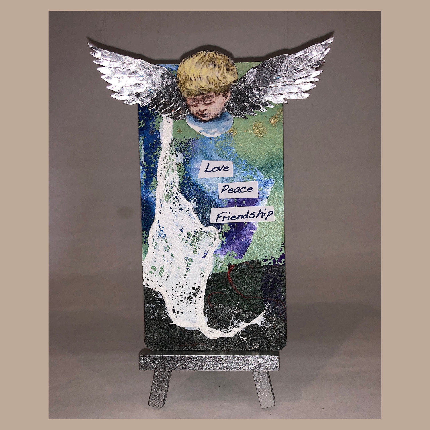 LOVE PEACE & FRIENDSHIP Found Object Collage Metal Art Card with Mini-Easel