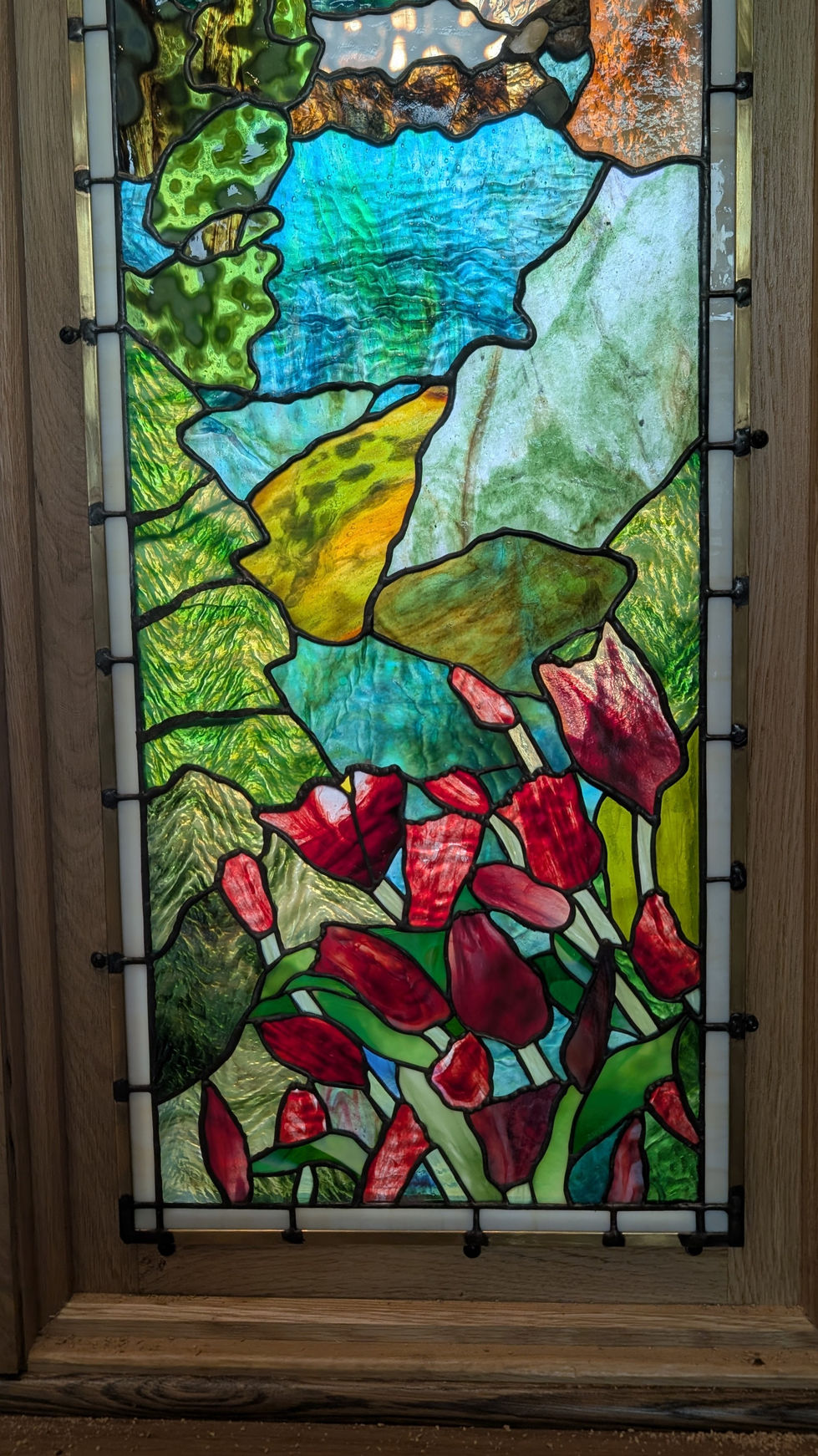 custom stained glass side light for front door sidelight red tulips