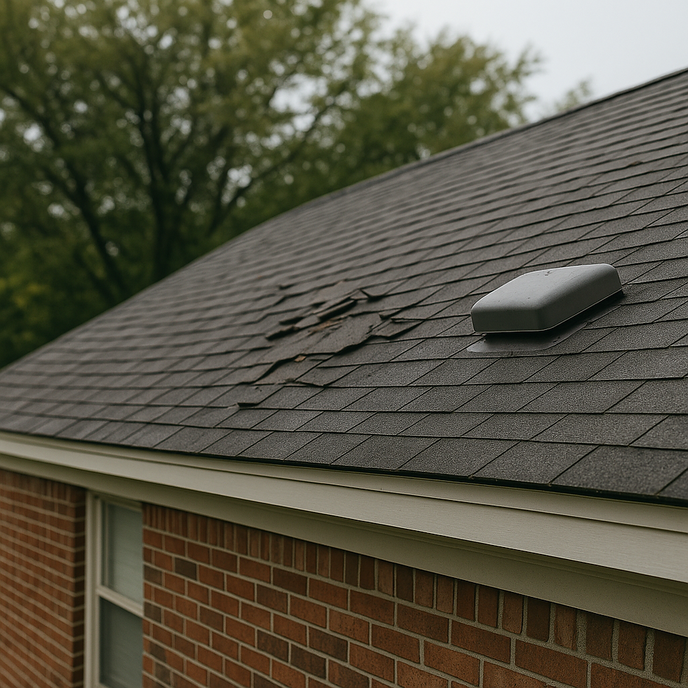 Close-up of a Memphis, TN home’s sloping asphalt shingle roof showing visible damage near the peak, symbolizing the risks of poor Roofing, Memphis, TN installation