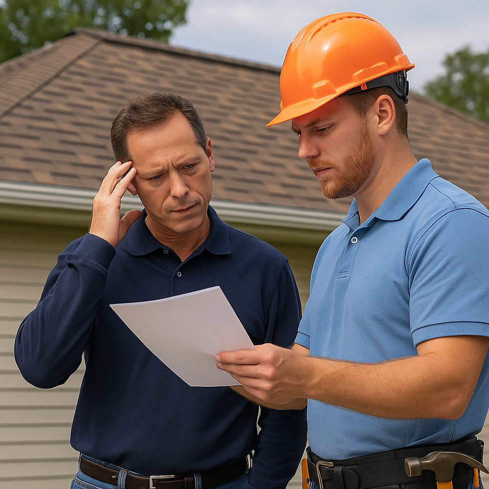 A Memphis homeowner reviews a roofing contract while standing next to a professional roofer, with a shingle roof and tool belt visible—representing trustworthy roofing Memphis, TN services.