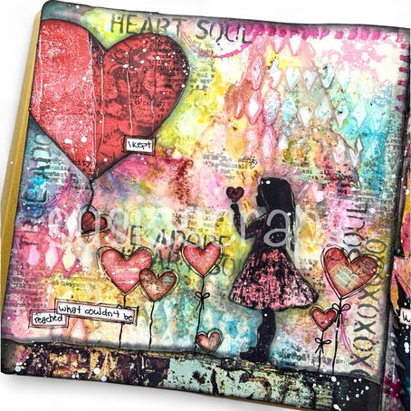 Mixed media art journal page with colorful layered background, silhouette of a girl holding a small heart, and multiple heart balloons with splatters and texture