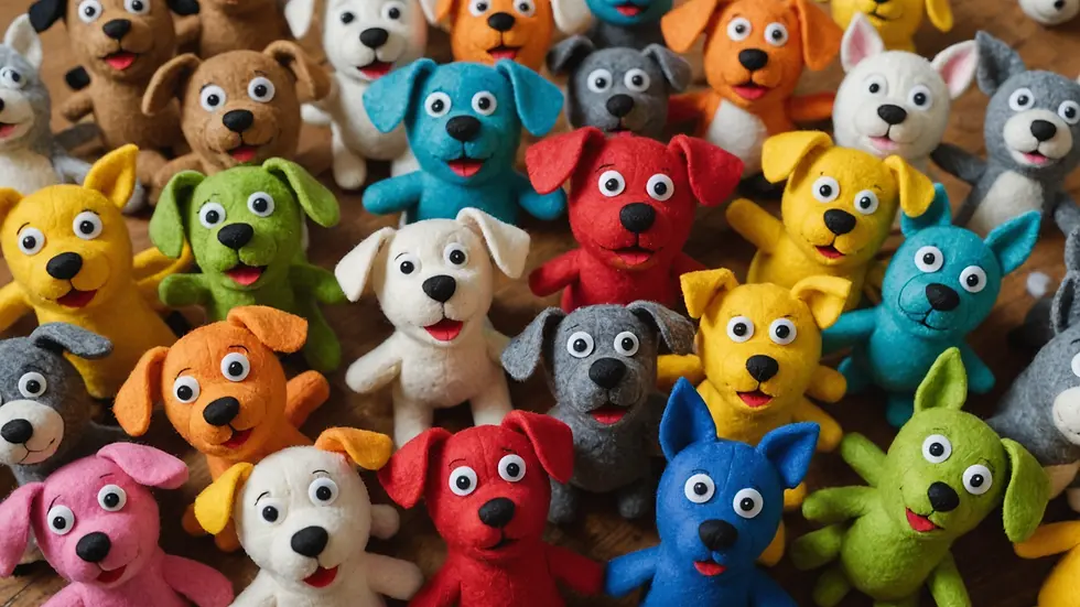 Eye-level view of a collection of brightly colored felt pieces arranged to create dog puppets