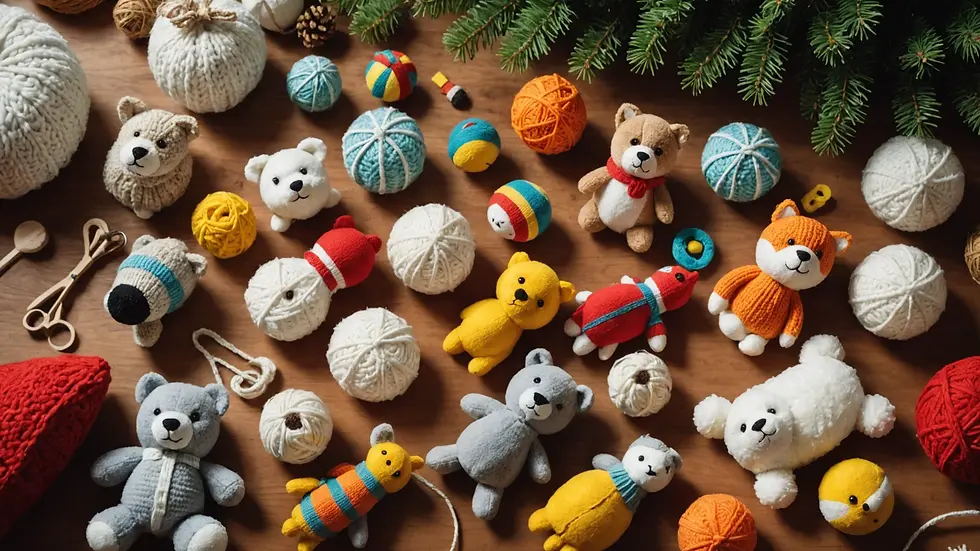 High angle view of assorted DIY pet toys on a cozy winter setting