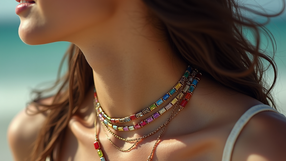Close-up view of a woman wearing layered necklaces with colorful gemstones