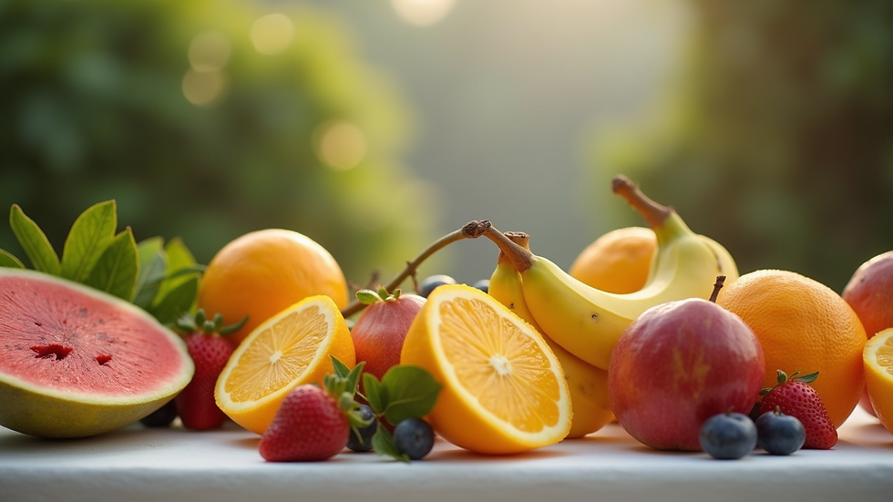 Vista a nivel de una mesa con frutas frescas y un cuenco de frutas cortadas