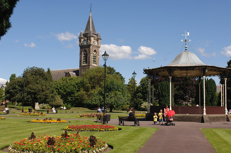 Victoria Gardens Neath with St Davids Church in the background