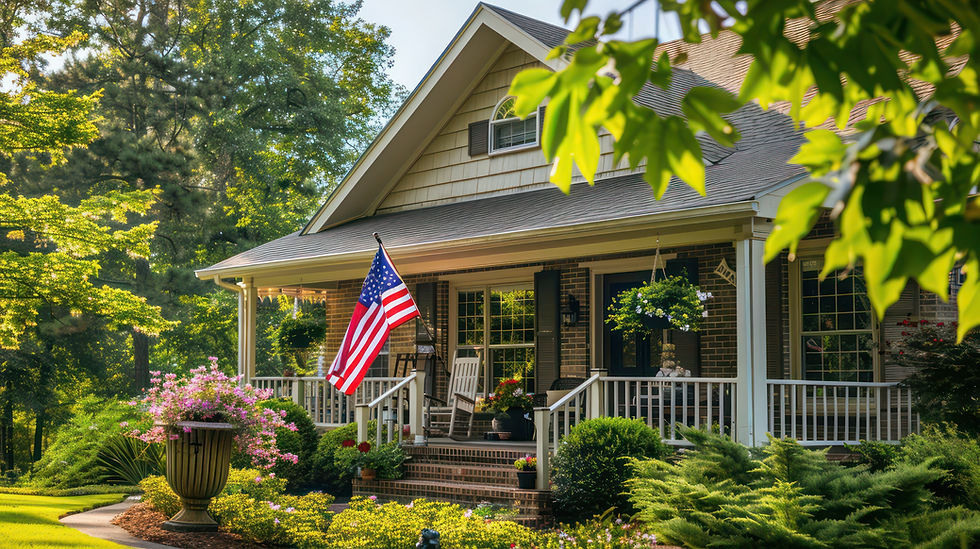 brick front house with an american flag on the porch