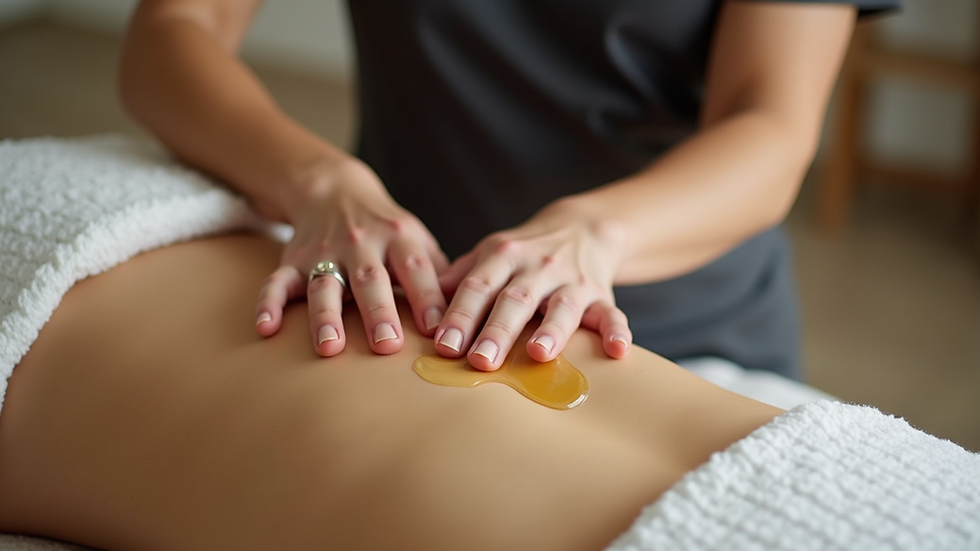 Close-up view of massage therapist applying oil on back
