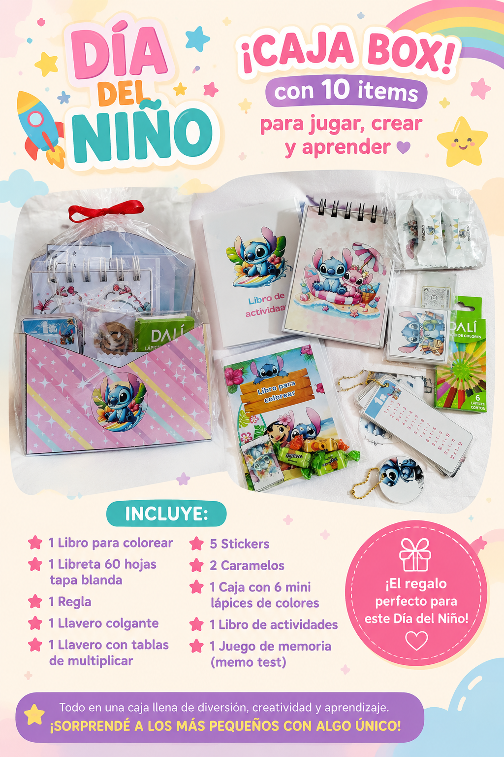 caja box de Stitch para colorear con 10 itens en total
