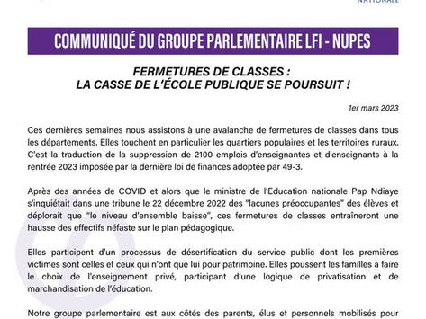 Fermetures de classes : la casse de l'école publique se poursuit !