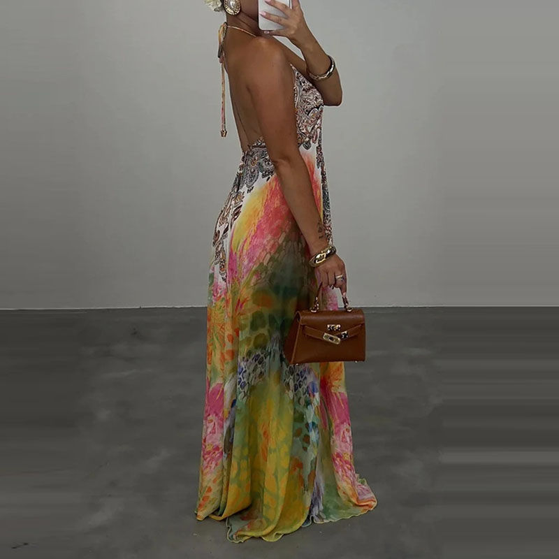 Casual High Waist Evening Party Dress Sexy V-neck Backless Sleeveless Vacation R