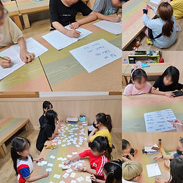 승부욕을 자극하는 미니게임들을 진행하며 영어학습을 이어갑니다. 알파벳부터 단어까지 금방 배운 것들을 손으로 짚으며 우렁차게 외쳐보는 아이들입니다.