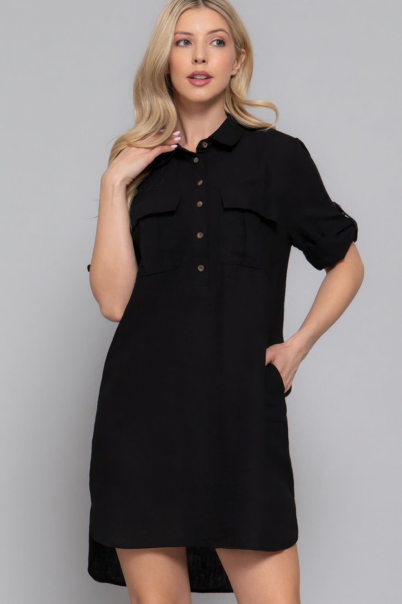 Roll Up Short Slv Straight Linen Effect Mini Dress       