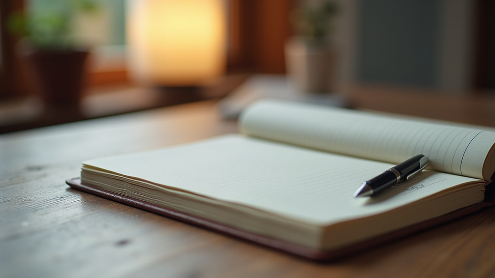 Close-up view of a journal and pen on a wooden table
