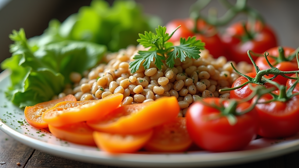 Close-up view of a balanced meal with colorful vegetables and grains