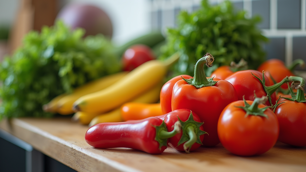 Close-up view of colorful fresh vegetables and fruits on a kitchen counter