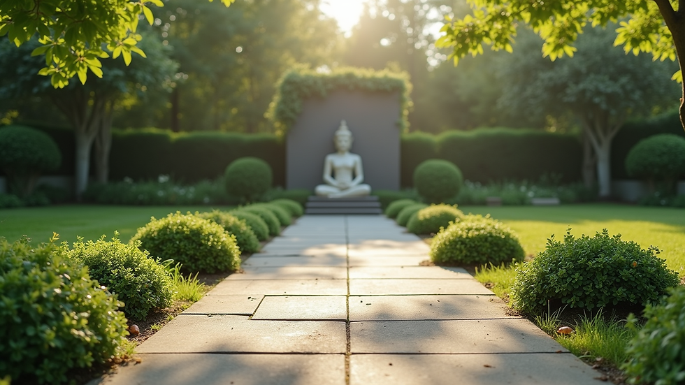 Eye-level view of a peaceful garden with a meditation spot