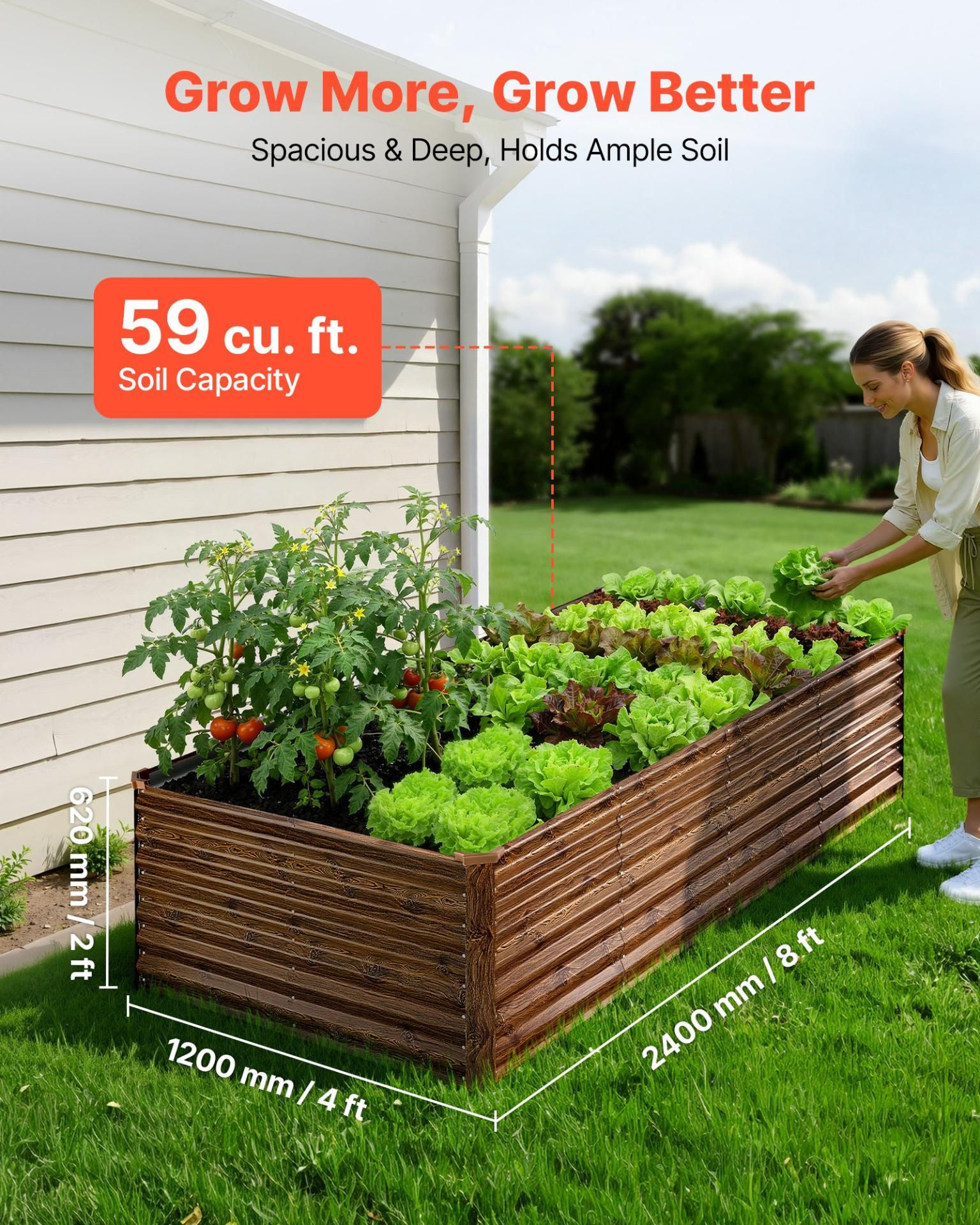 VEVOR Galvanized Raised Garden Bed 8x4x2 FT, Deep Wood Grain Metal Planter Box