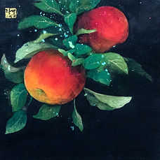 Moonlight Apple   Mineral pigments, stone pigments, silver leaf, gold leaf, colored foil, on Hanji – 24.2× 24.2cm – 2018