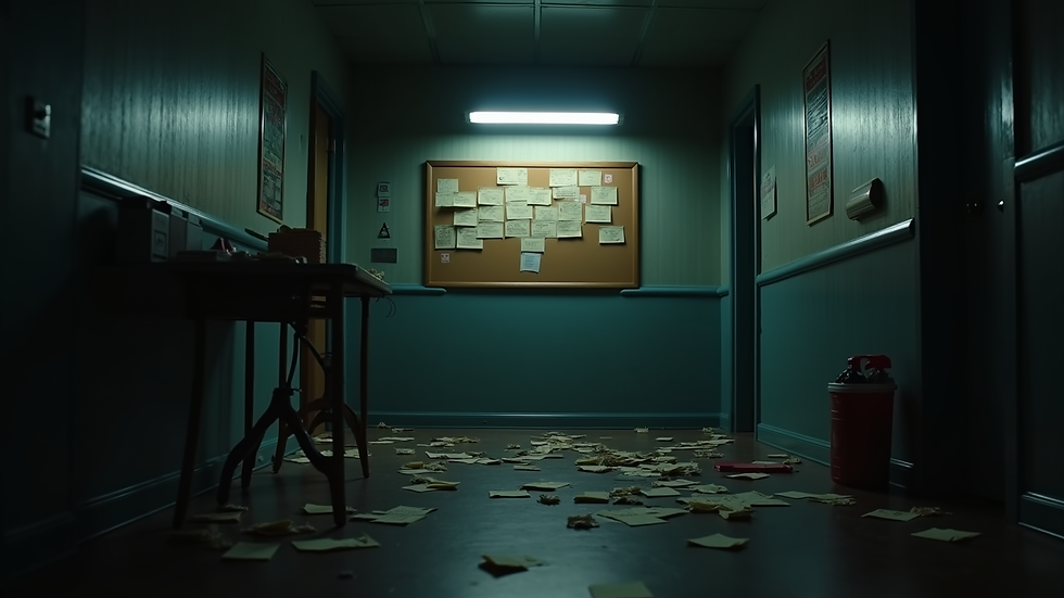 Eye-level view of a dimly lit room with scattered evidence and a corkboard of clues
