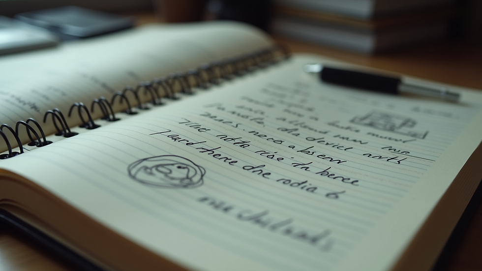 Close-up view of a detective’s notebook with handwritten notes and sketches