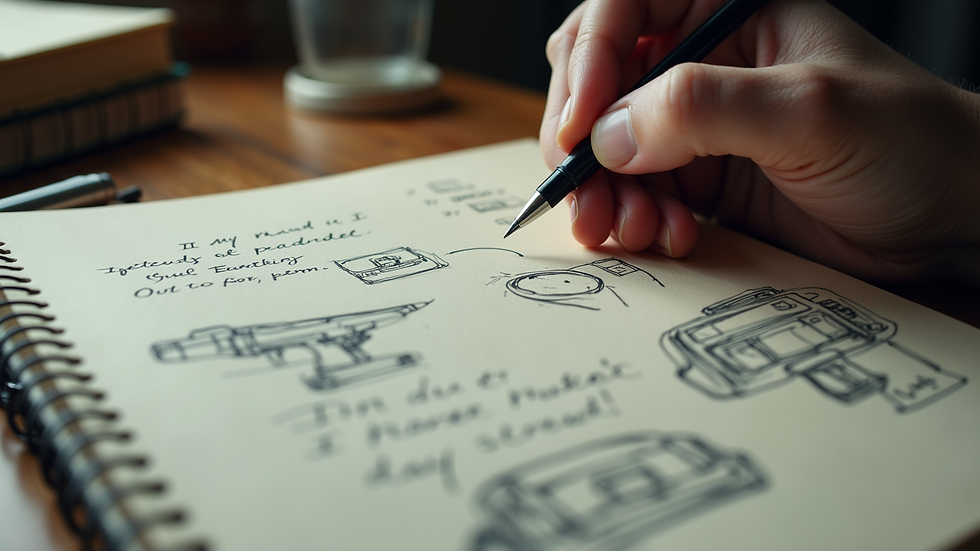 Close-up view of a detective’s notebook filled with handwritten notes and sketches