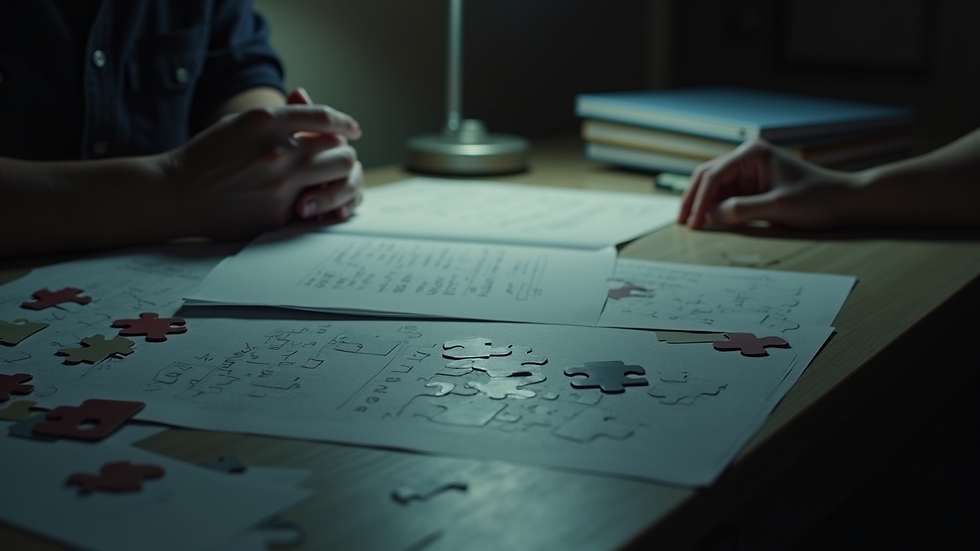 Eye-level view of a dimly lit desk with scattered puzzle clues and notes