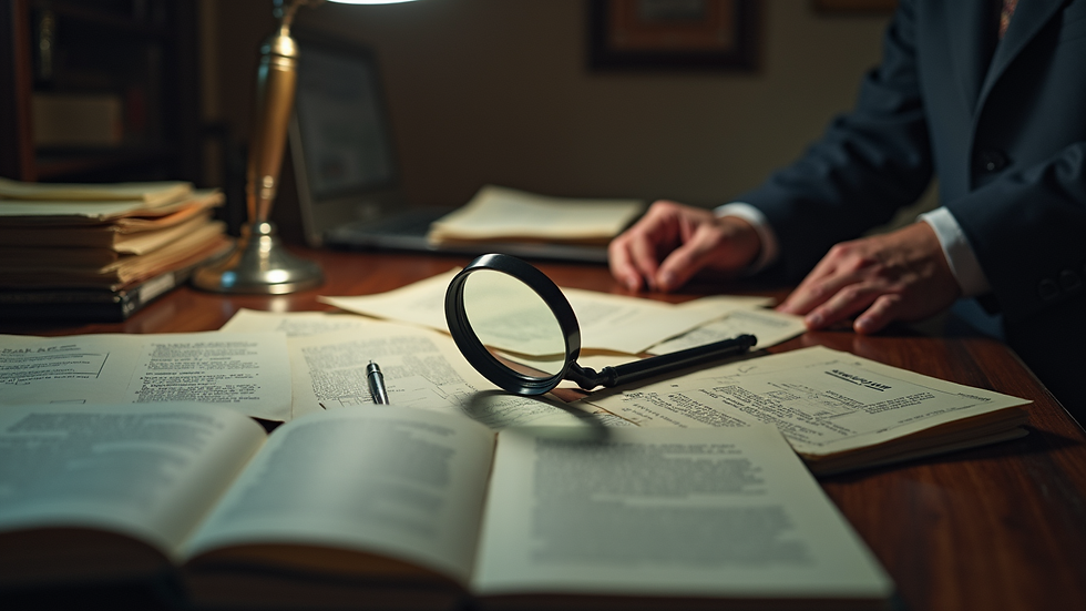 Eye-level view of a cluttered detective’s desk with case files and a magnifying glass