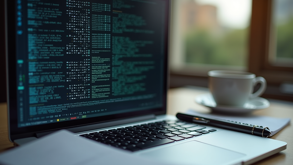 Close-up view of a laptop screen showing a complex cipher puzzle with notes and a cup of coffee nearby