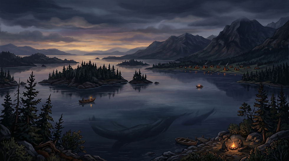 Cozy gothic landscape of Lake Iliamna stretching to a hazy horizon, islands like dark silhouettes dotted across an inland sea, tiny warm‑lit village cabins along the distant shore, one or two small fishing boats scattered on the water, low clouds and gentle twilight turning the lake into dark glass, subtle suggestion of immense shadows far below the surface, atmospheric, slightly ominous but comforting, illustrated in a textured storybook style

