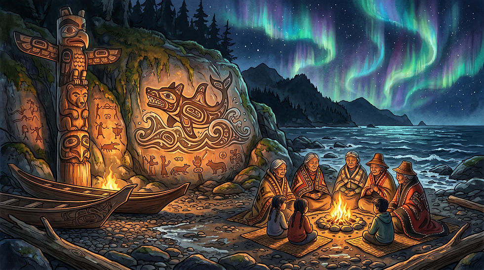 Cozy gothic illustration of a Tlingit and Aleut inspired shoreline at night, carved wooden totems and old pictographs glowing faintly by firelight on wet rock, depicting a wolf‑headed, orca‑bodied water spirit rising from stylized waves, silhouettes of canoes pulled up on the beach, elders and children gathered by a low fire, aurora shimmering above, mood reverent and mysterious, folklore storybook style with rich earth tones and deep blues


