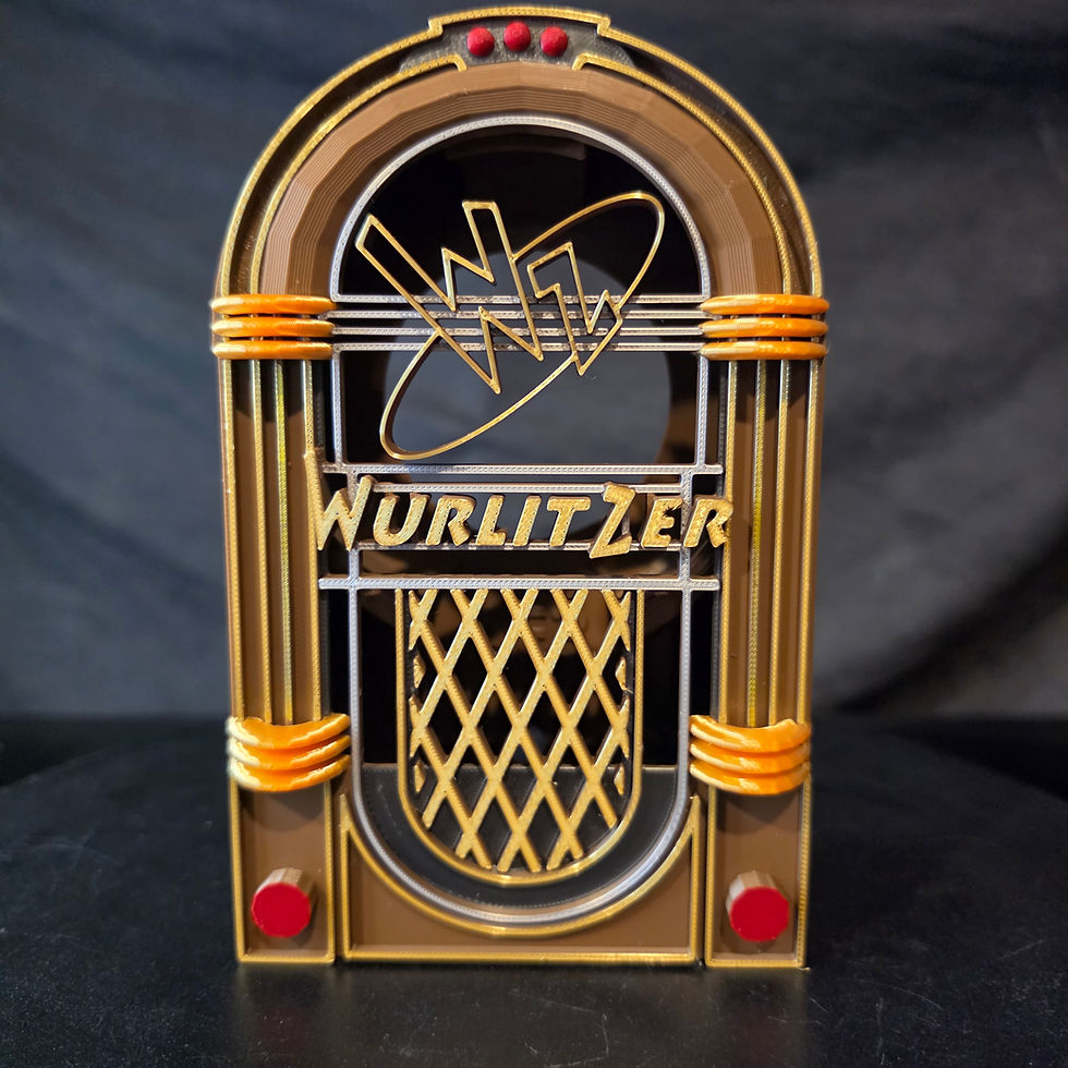 3D printed smart speaker holder shaped like a vintage jukebox.