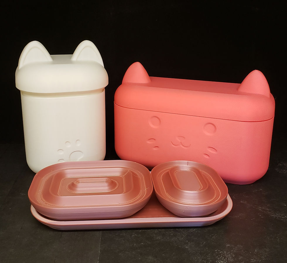 3D printed bathroom storage set with ears on top and a face on the front to resemble a cat