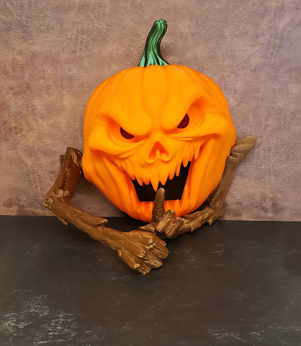 3D printed evil faced pumpkin door knocker with a shushing finger