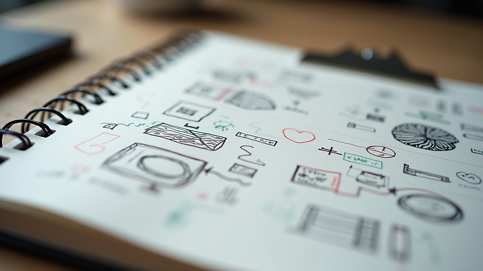 Close-up view of a notebook with creative brainstorming sketches