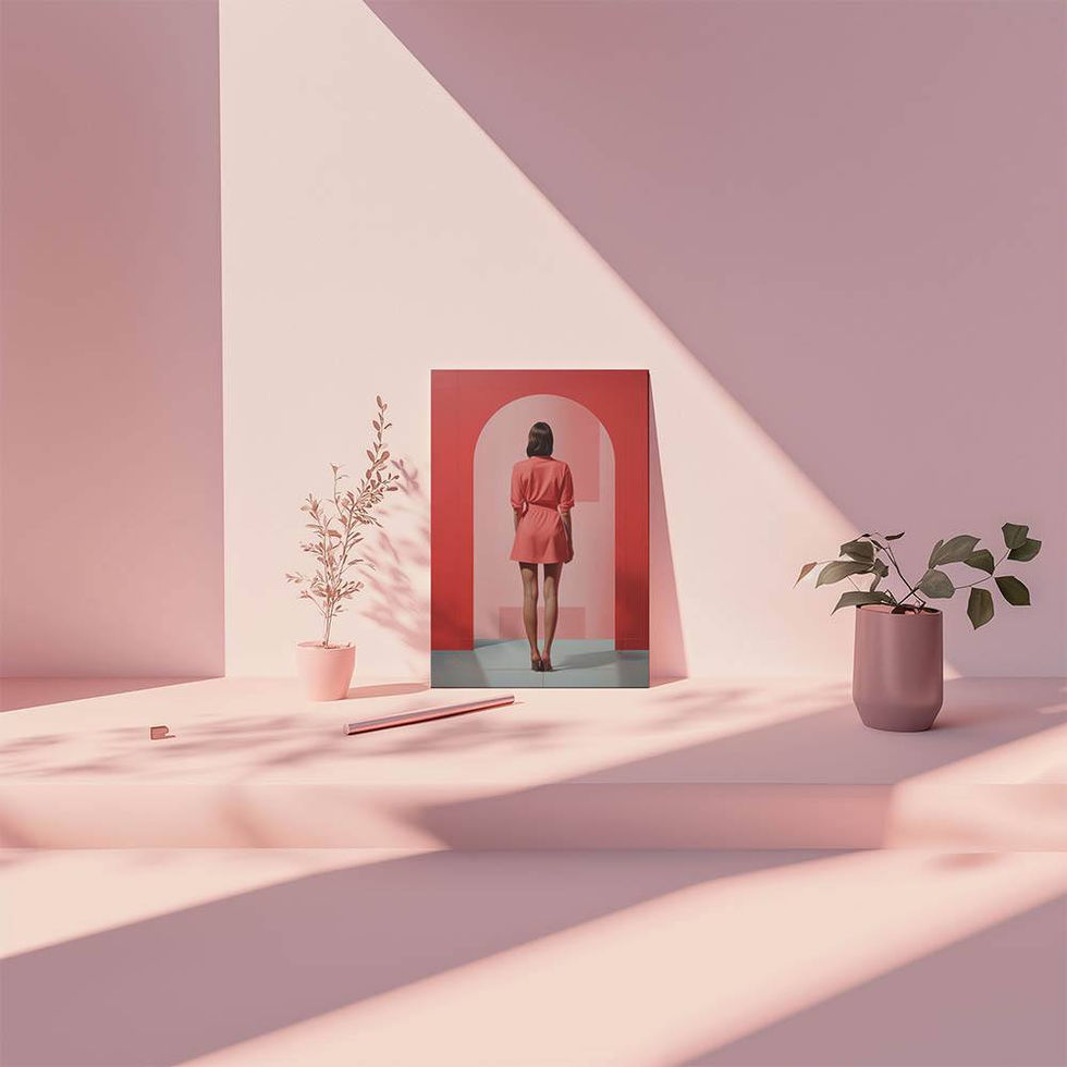 Back view of a woman in a pink dress standing under a large coral-coloured archway
