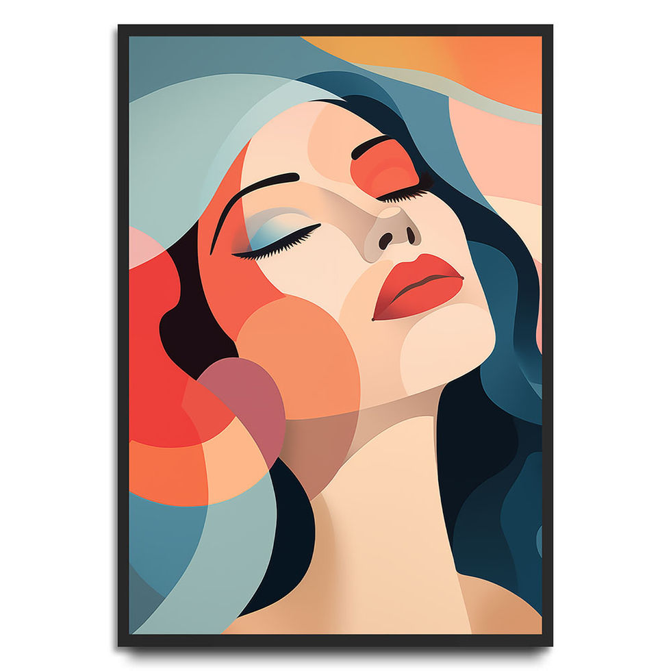 Abstract illustration of a woman with long dark hair and colourful geometric shapes