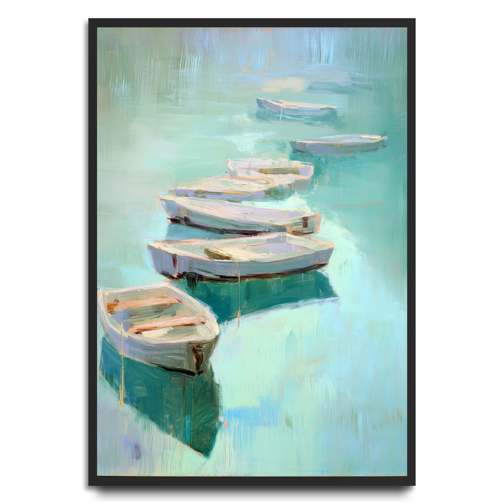 Watercolour art print of small boats floating on calm turquoise water.