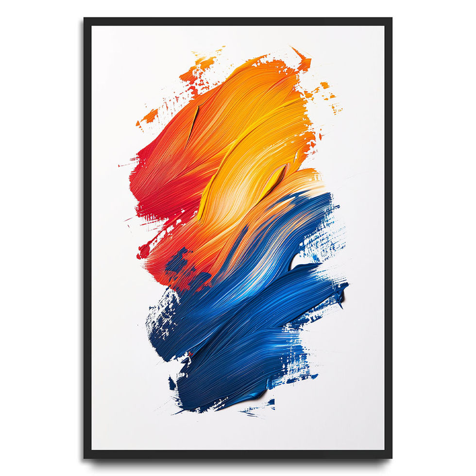 Modern abstract painting with vibrant red, orange, and blue brush strokes on white background.