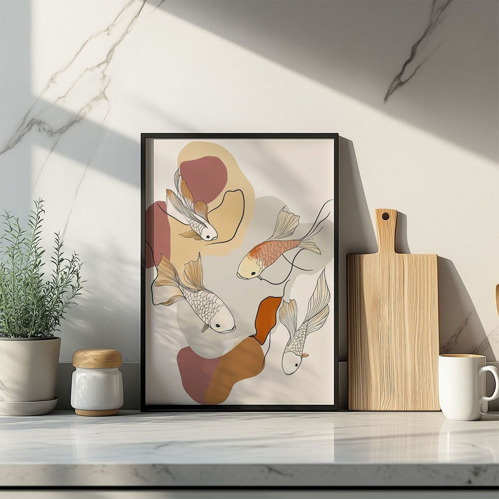 Minimalist koi fish swimming in abstract earthy shapes
