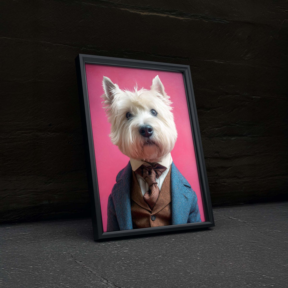 West Highland Terrier wearing a suit and tie on a pink background, vintage style dog portrait art print