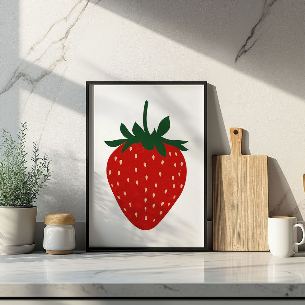 Minimalist illustration of a red strawberry with green leaves on a light background.