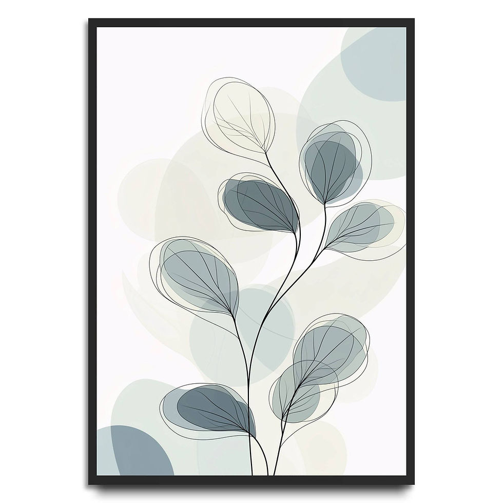 Minimalist botanical art print featuring abstract leaves in soft grey and sage green with fine black linework.