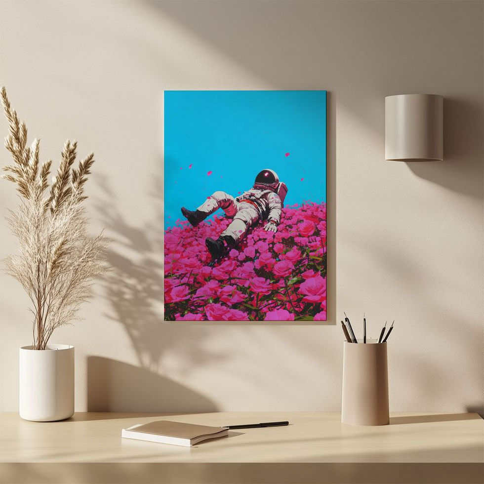 Astronaut resting on a field of vivid pink roses with a clear blue sky.