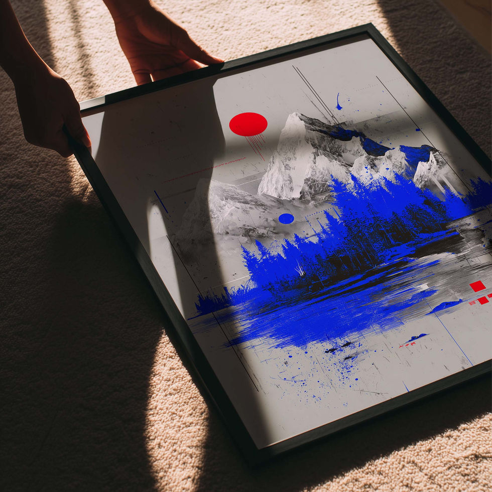 Abstract blue mountain artwork with bold brush strokes and red accent