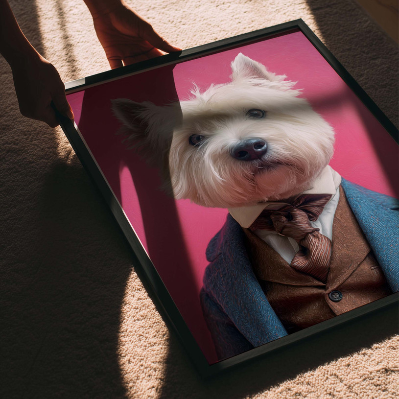 West Highland Terrier wearing a suit and tie on a pink background, vintage style dog portrait art print