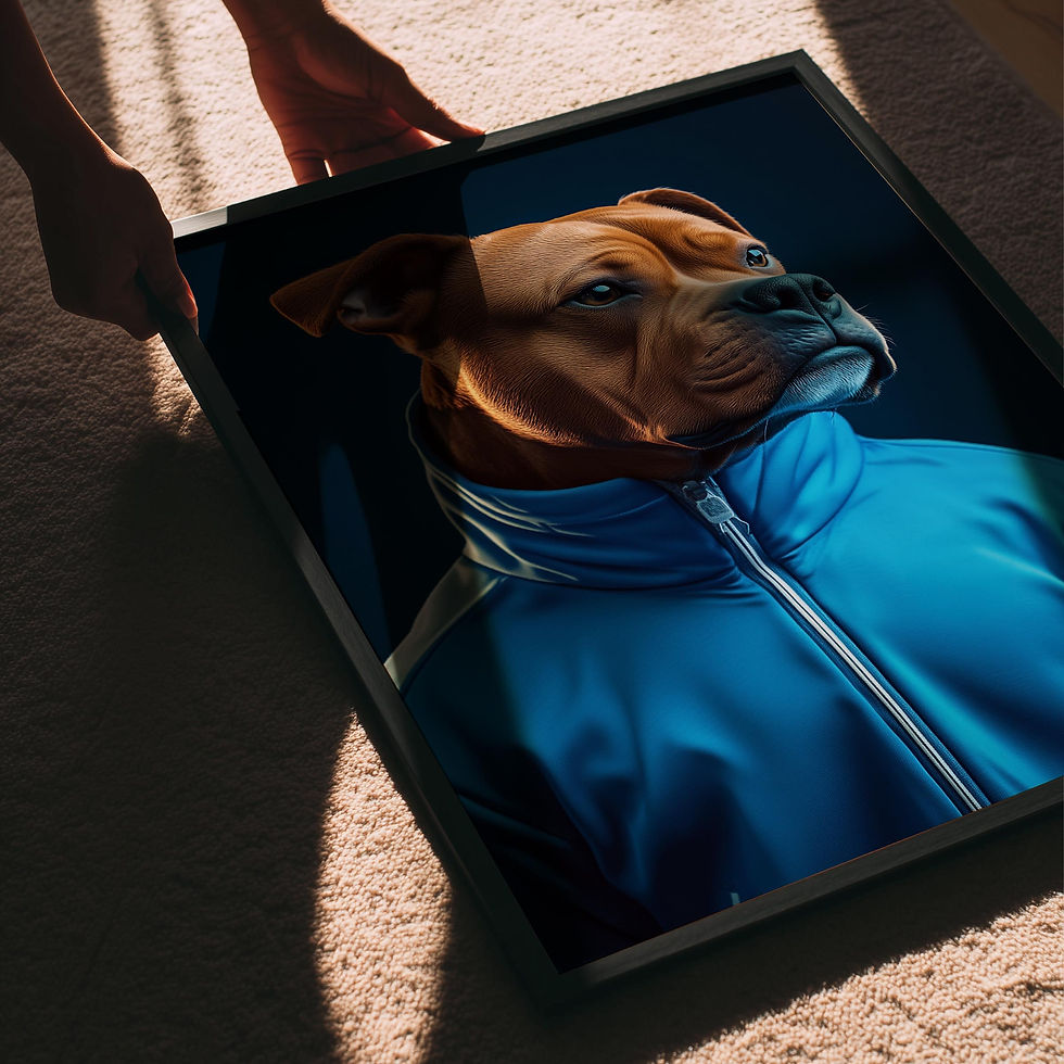 Art print of a dog wearing a bright blue zip-up jacket against a dark background.