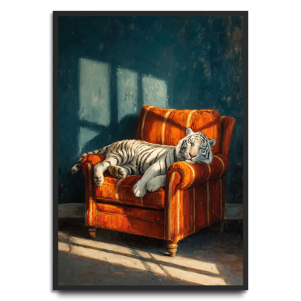 white tiger resting on orange armchair with sunlight cosy luxury animal wall art print