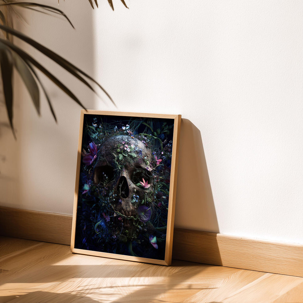 Art print of a gothic skull surrounded by flowers and foliage in a dark botanical style.